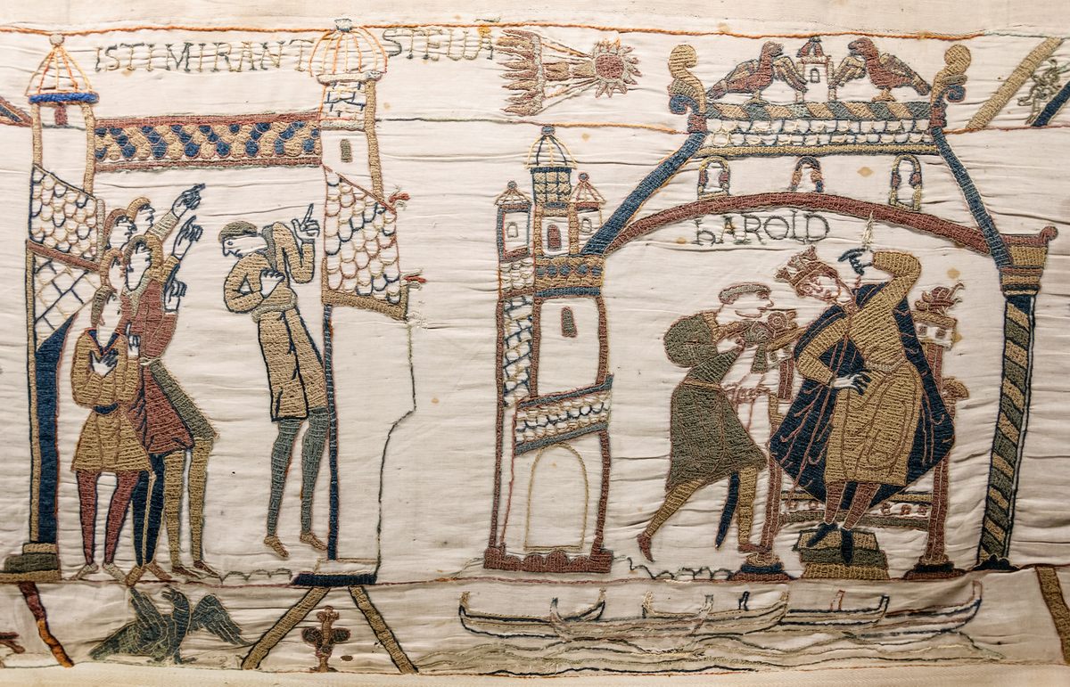 Halley's comet (top center), known then only as a "bearded star," is included in the 11th-century Bayeux Tapestry, which depicts the Norman conquest of England. The Latin phrase "Isti mirant stella," at top left, translates as "They marvel at the star."