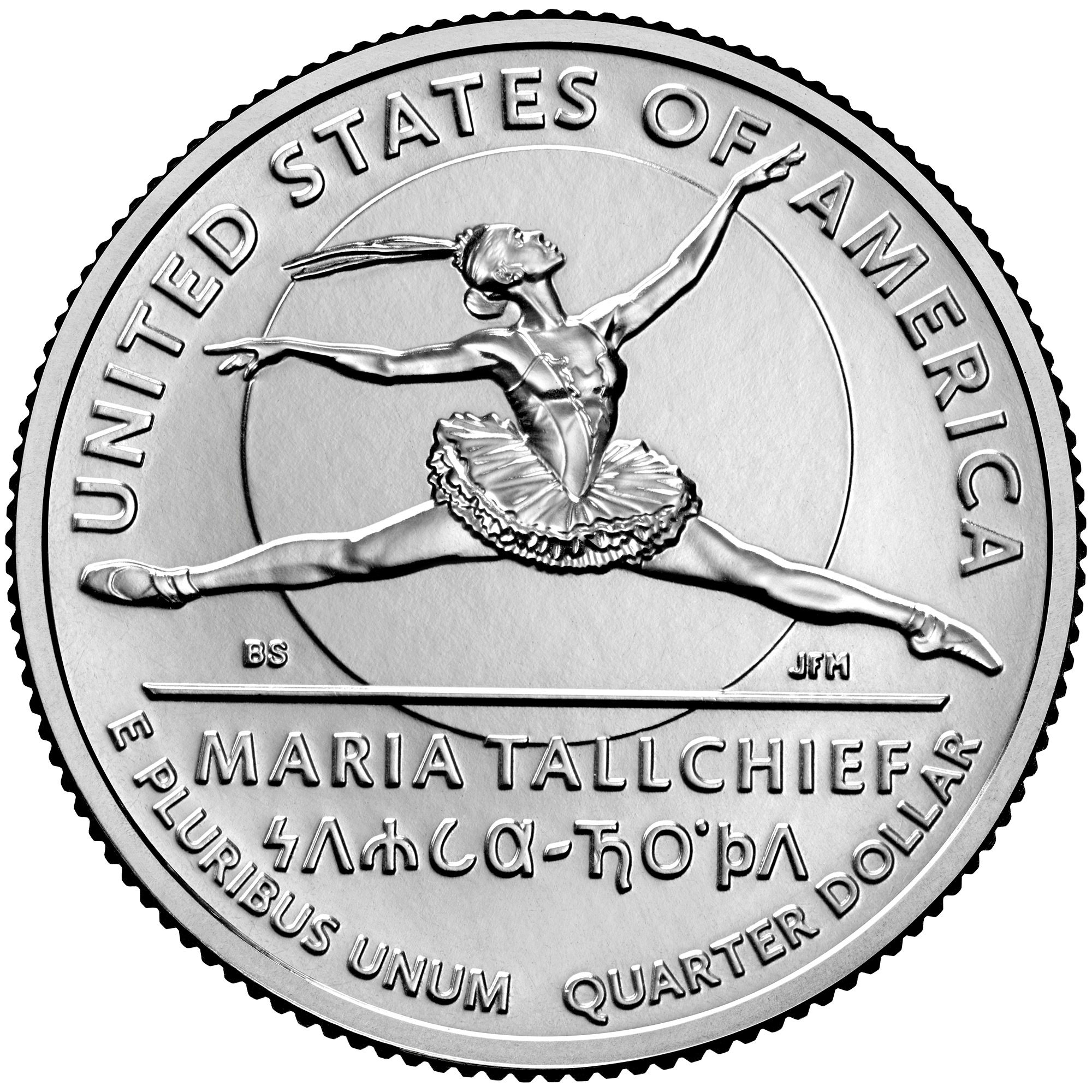 Maria Tallchief appears on the reverse side of a U.S. quarter released in 2023 to honor her achievements. The design included her Osage honorific, 𐓏𐓘𐓸𐓮𐓟-𐓍𐓪͘𐓬𐓘 or “Woman of Two Standards,” written in Osage orthography.